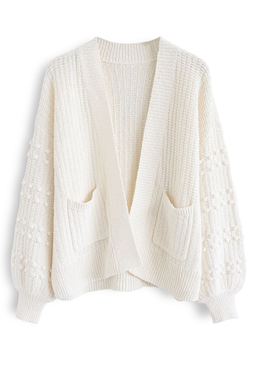 Bubble-Sleeve Pockets Cardigan with Pom-Pom Detail in Ivory  