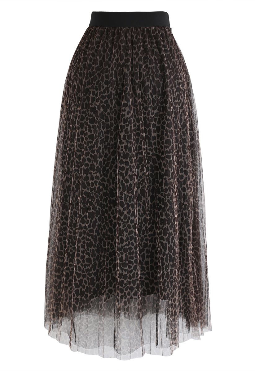Leopard Printed Double-Layered Mesh Tulle Pleated Skirt 