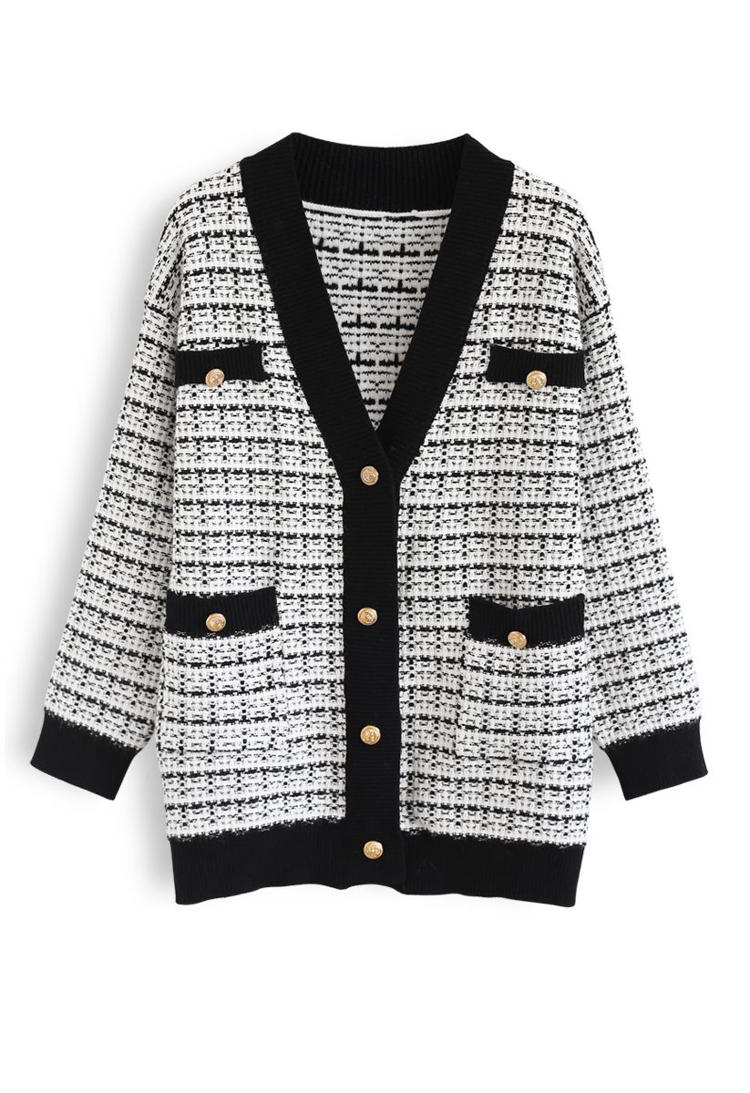 Pockets Button Trim Knit Cardigan in White