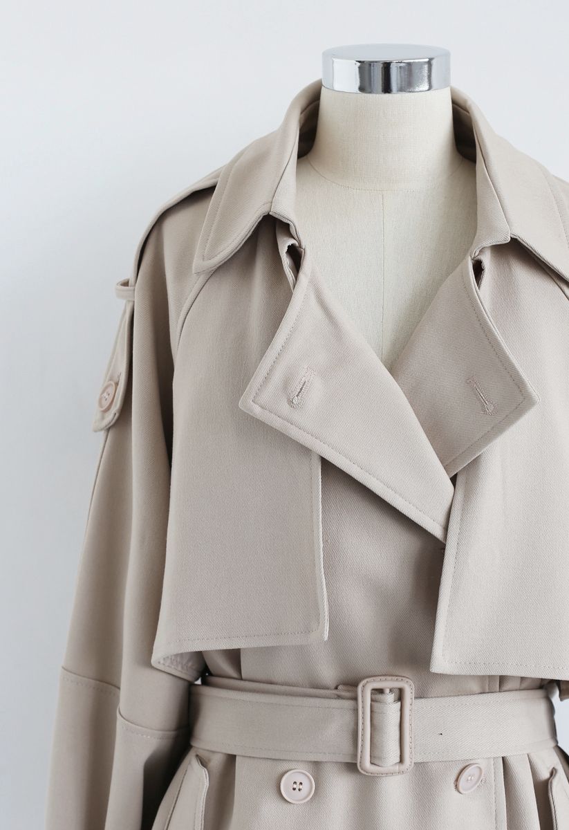 Double-Breasted Belted Pockets Coat in Sand