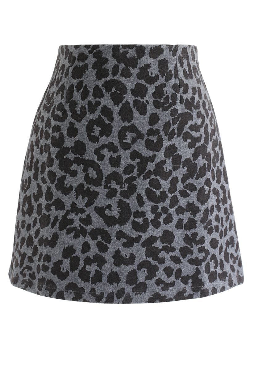 Leopard Print Wool-Blended Bud Skirt in Smoke