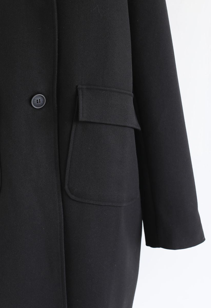 V-Neck Pockets Longline Coat in Black