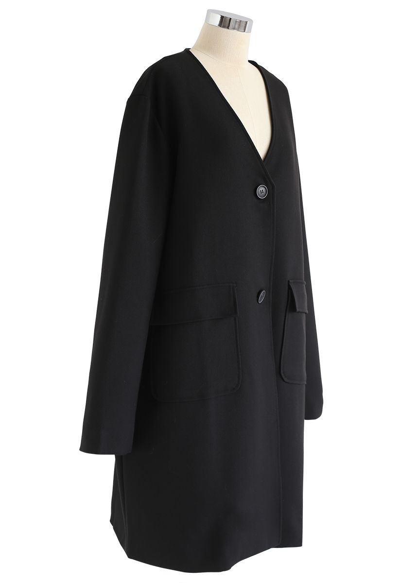 V-Neck Pockets Longline Coat in Black