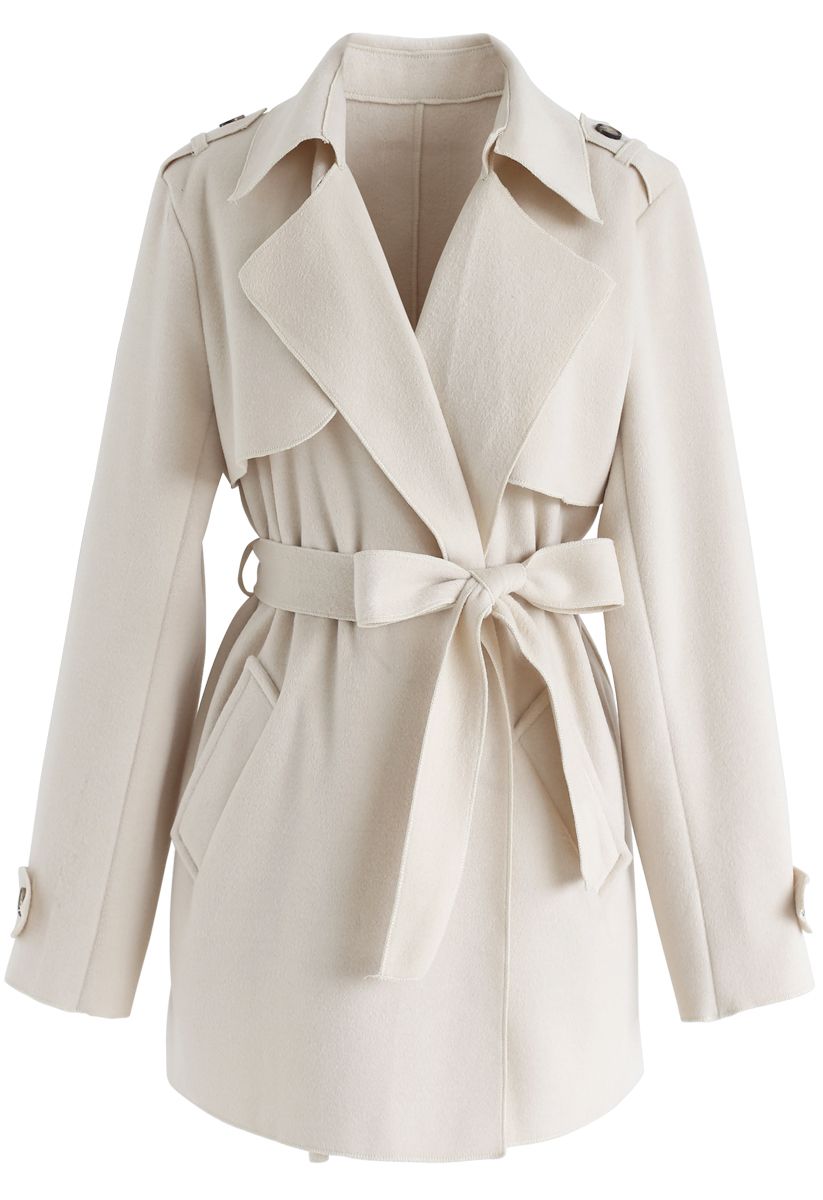 Open Front Belted Trench Coat in Cream