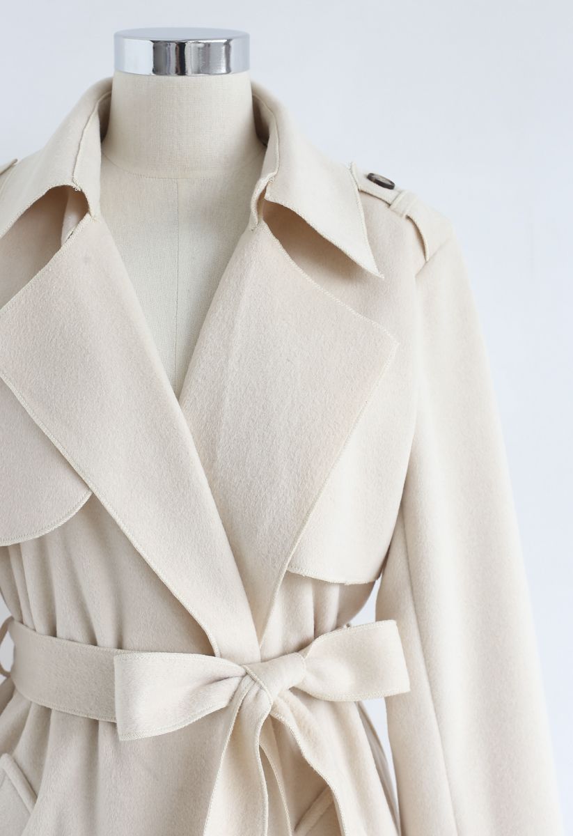 Open Front Belted Trench Coat in Cream