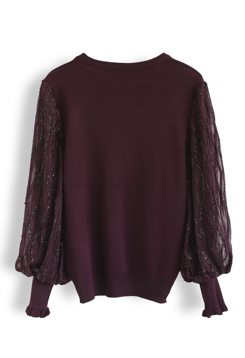 Shiny Lines Puff Sleeves Knit Top in Wine