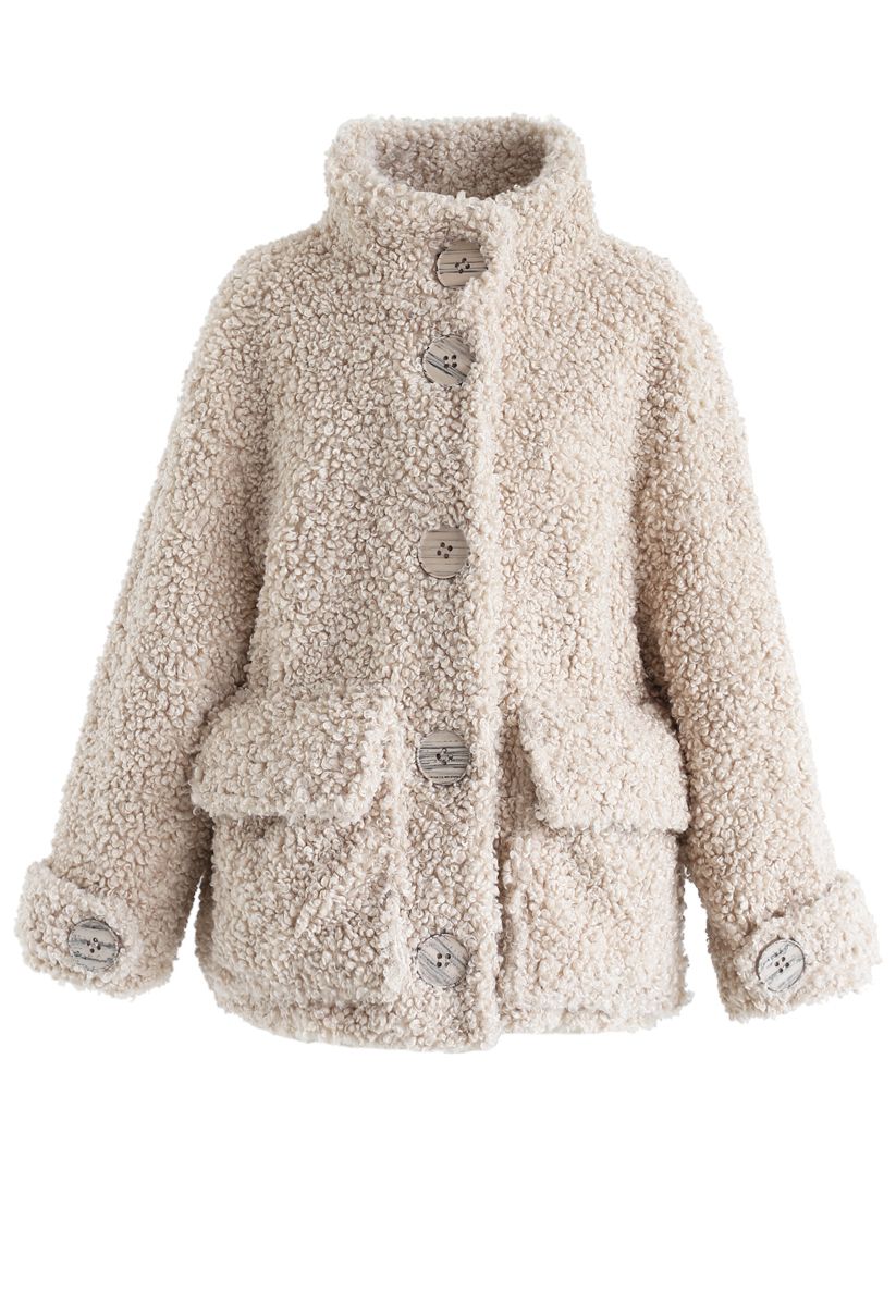 Buttoned Pocket Teddy Coat in Sand