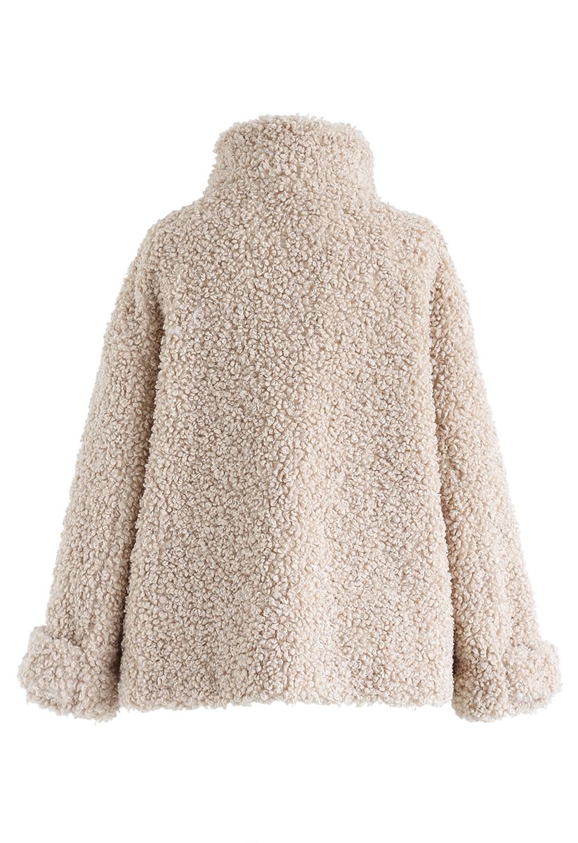 Buttoned Pocket Teddy Coat in Sand
