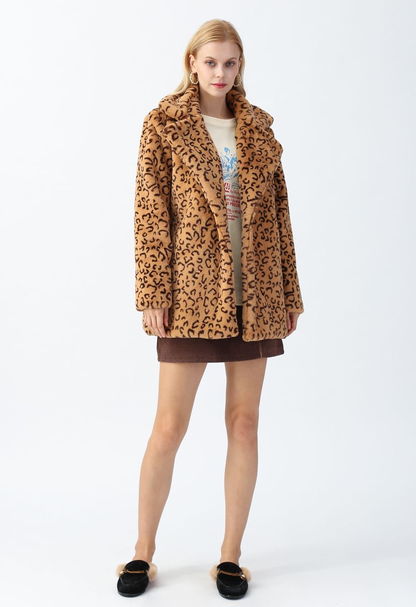Collared Leopard Faux Fur Coat in Tan