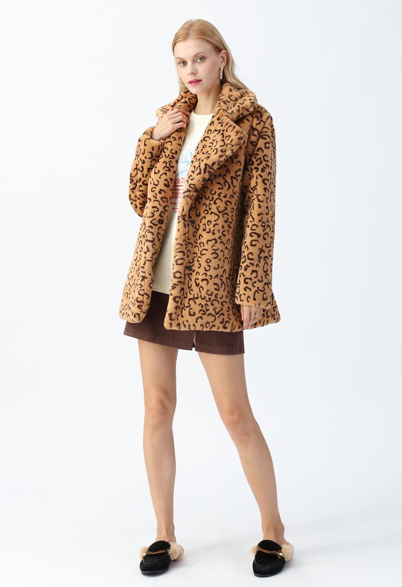 Collared Leopard Faux Fur Coat in Tan