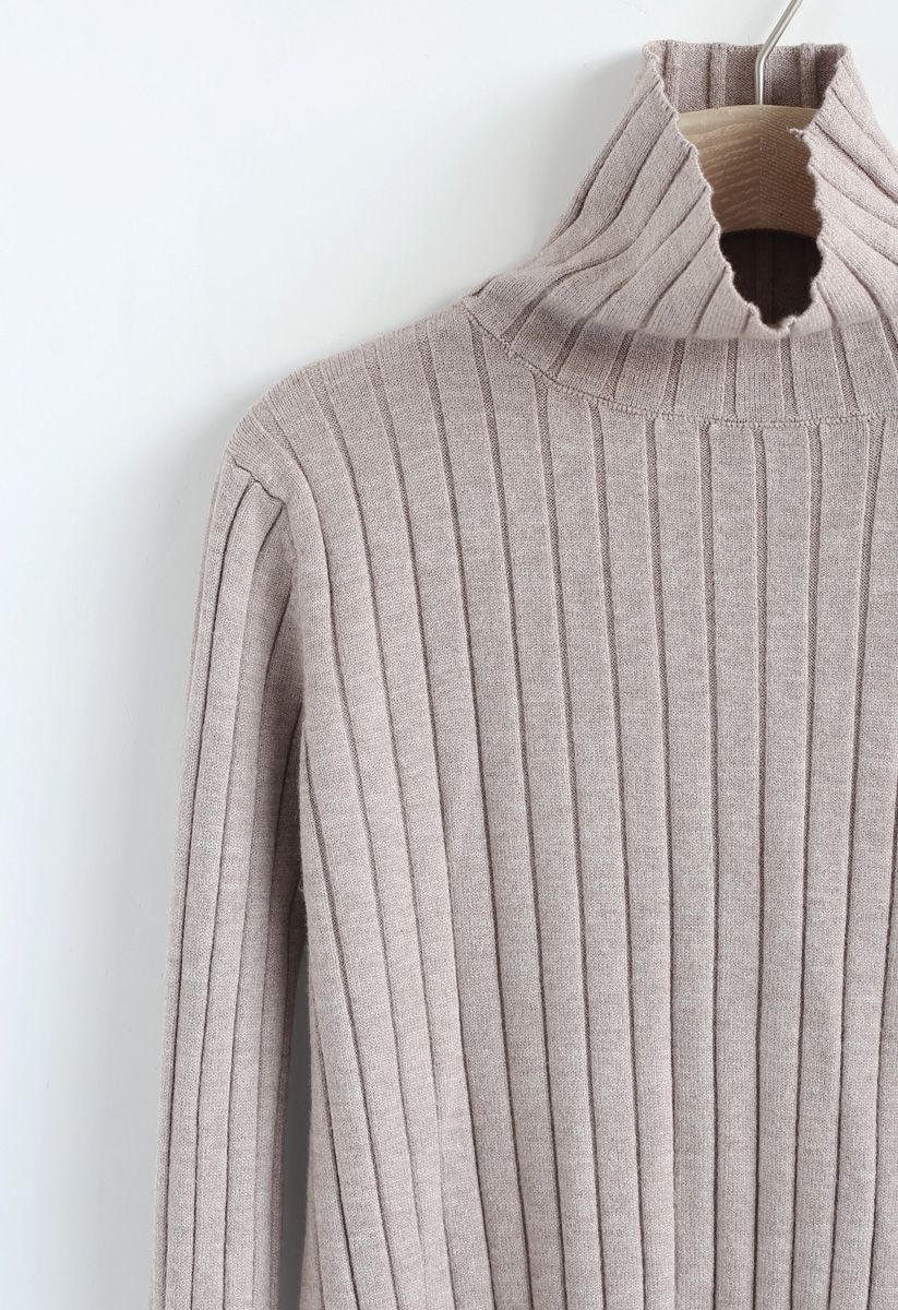 Turtleneck Sleeves Knit Sweater in Taupe