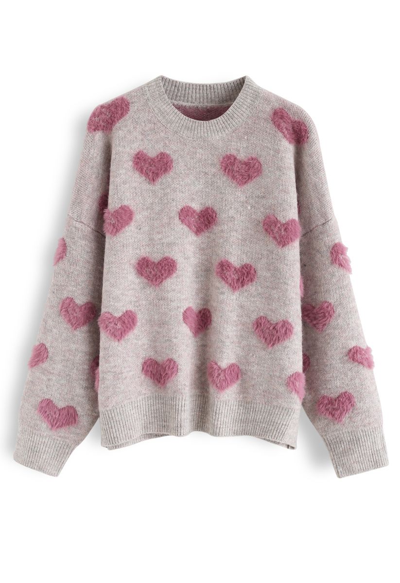 Contrast Color Fuzzy Hearts Knit Sweater