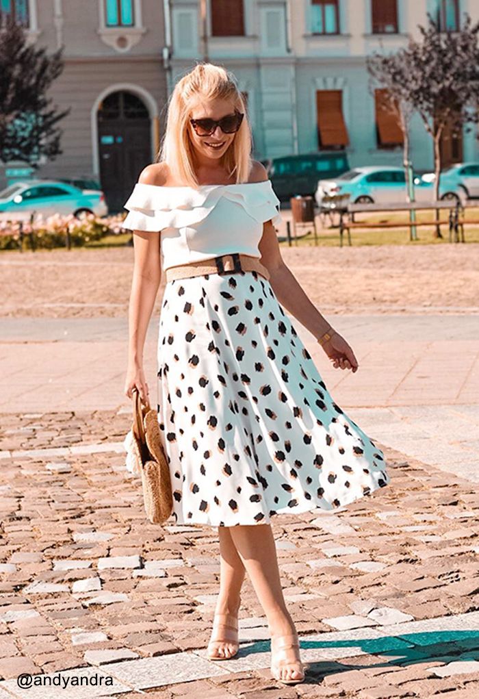 Bicolor Irregular Spots Print Midi Skirt in White