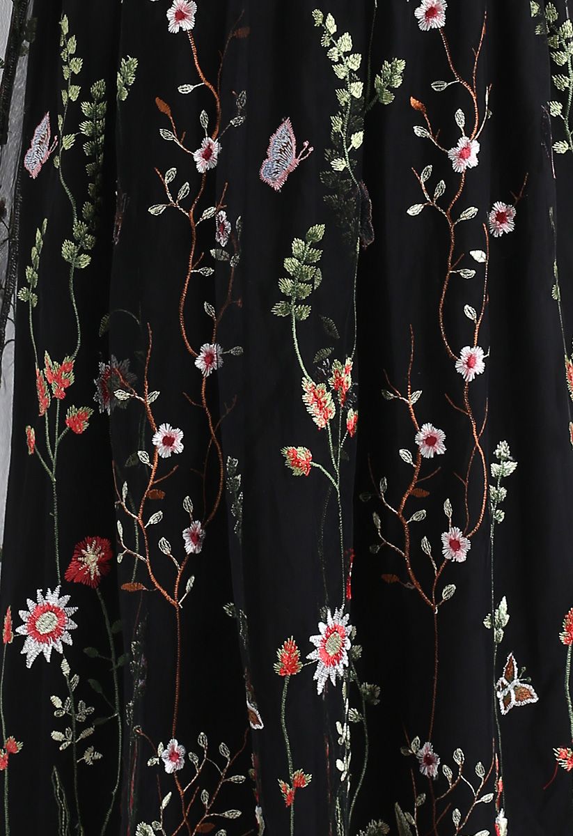 Lost in Flowering Fields Embroidered Mesh Maxi Dress in Black