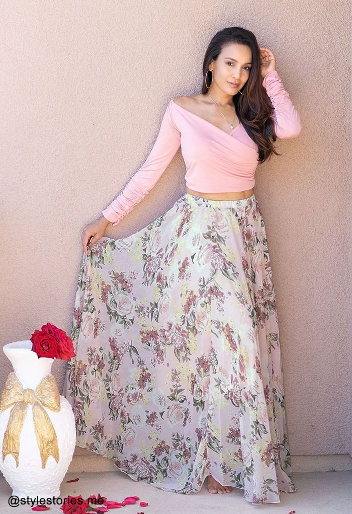 Bright-Colored Floral Maxi Skirt in Cream