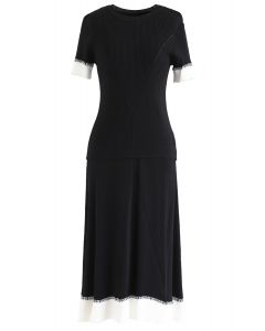 Conjunto de falda y top de canalé bicolor en negro