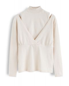 Fake Two-Piece Mock Neck Wrap Knit Top in Cream