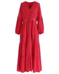 Button Down Crochet Embroidered Boho Maxi Dress in Red
