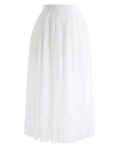 Exquisite Mesh Lace Pleated Midi Skirt in White