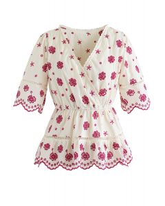 Floral Broderie Anglaise Wrap Peplum Top in Berry
