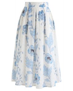 Falda midi bordada con ojales estampado floral azul