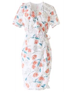 Watercolor Floral Ruffle Wrapped Dress