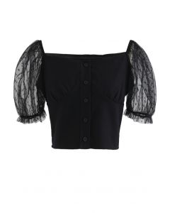 Lace Sleeves Spliced Button Down Crop Top in Black