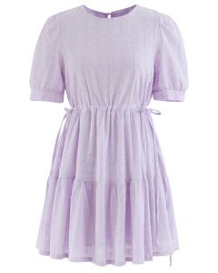 Floret Embroidered Drawstring Waist Eyelet Mini Dress in Lilac