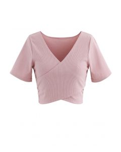 Crisscross Front Short Sleeves Ribbed Top in Pink
