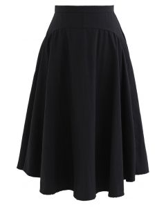 A-Line Asymmetric Flare Hem Midi Skirt in Black