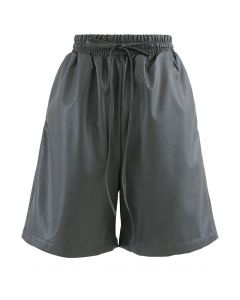 Drawstring PU Leather Shorts in Grey