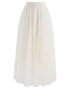 Sunflower Lace Mesh Tulle Midi Skirt in Cream