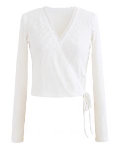 Lace Trim Wrap Knit Top in White