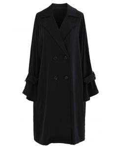 Belted Double-Breasted Chiffon Trench Coat in Black