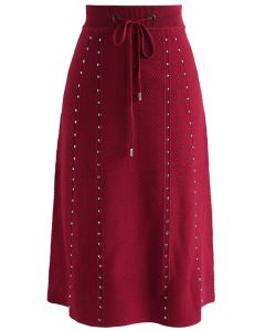 Gallant Embossed Knitted A-lined Skirt in Red