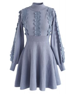 Amiable Attraction Crochet A-Lined Knit Dress in Dusty Blue 