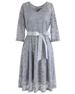 Reminisce Autumn V-Neck Lace Dress in Grey 
