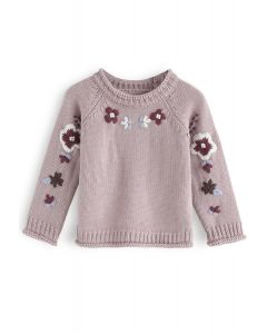 Add More Flowers Embroidered Sweater in Dusty Pink For Kids