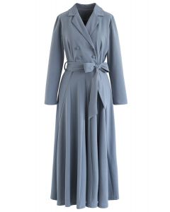 Self-Tied Bowknot Double-Breasted Maxi Dress in Dusty Blue
