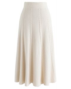 Braid Texture A-Line Knit Midi Skirt in Cream