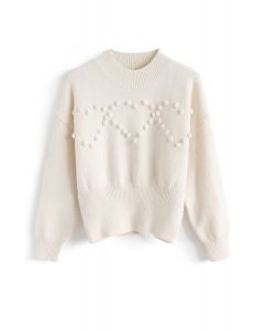 Pom-Pom Heart Knit Sweater in Cream