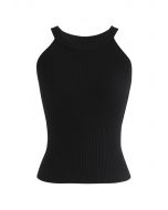 Fitted Ribbed Knit Halter Tank Top in Black