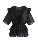 Ruffle Eyelet Embroidery Tiered Peplum Top in Black
