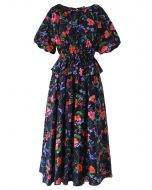 Flower and Swallow Print Puff Sleeves Midi Dress