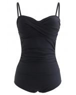 Ruched Design Solid Black One-Piece Swimsuit
