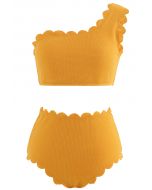 One-Shoulder Scalloped Bikini Set in Mustard