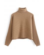 Basic Rib Knit Cowl Neck Crop Sweater in Caramel