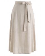 Self-Tied Bowknot A-Line Midi Skirt in Linen