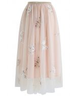 Butterfly Embroidered Double-Layered Mesh Midi Skirt