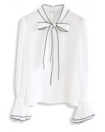 Bowknot Bell Sleeves Chiffon Top in White 